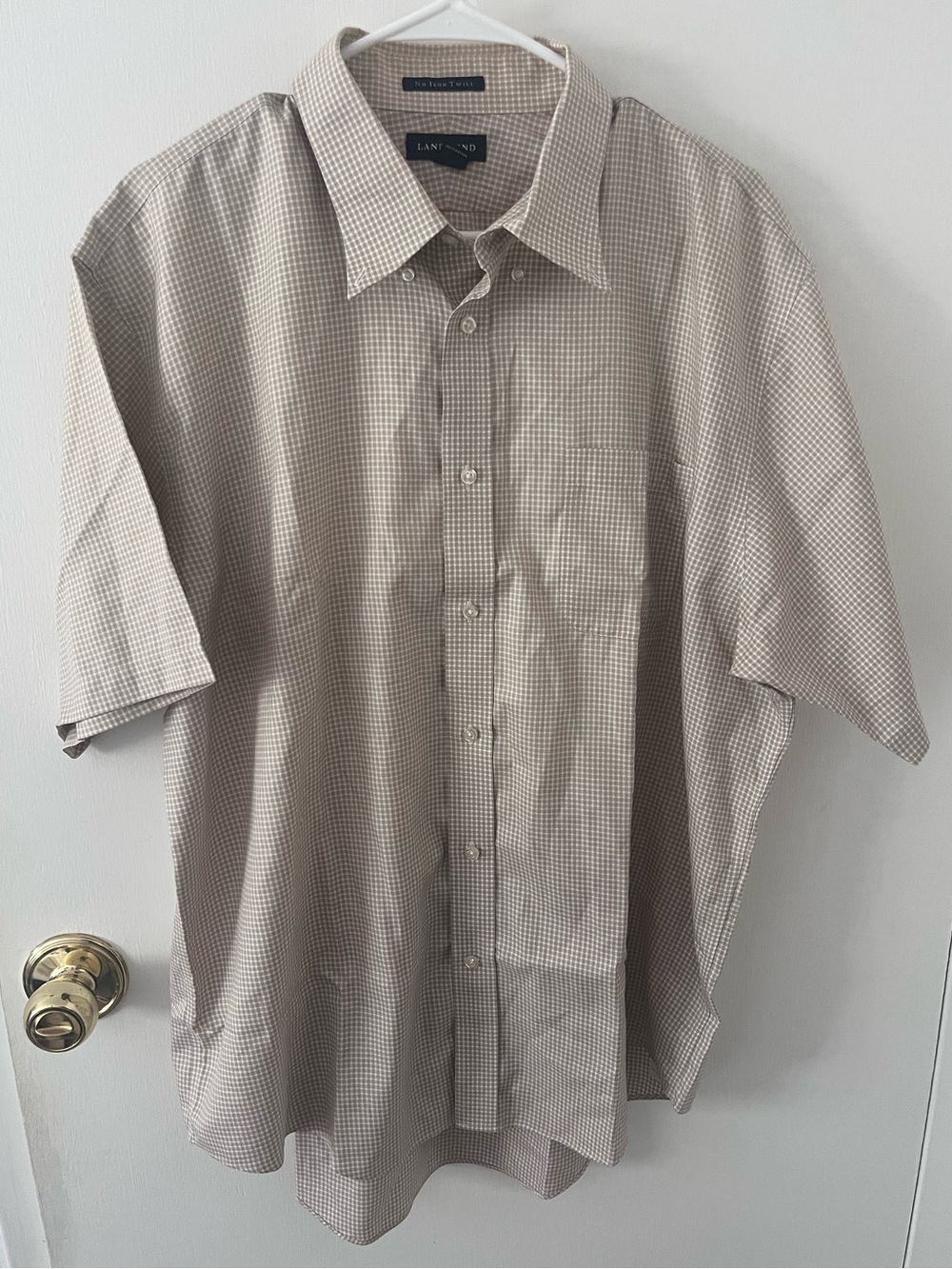 Lands' End Men’s No Iron Twill Short Sleeve Button Down Shirt Tan Checkered XL